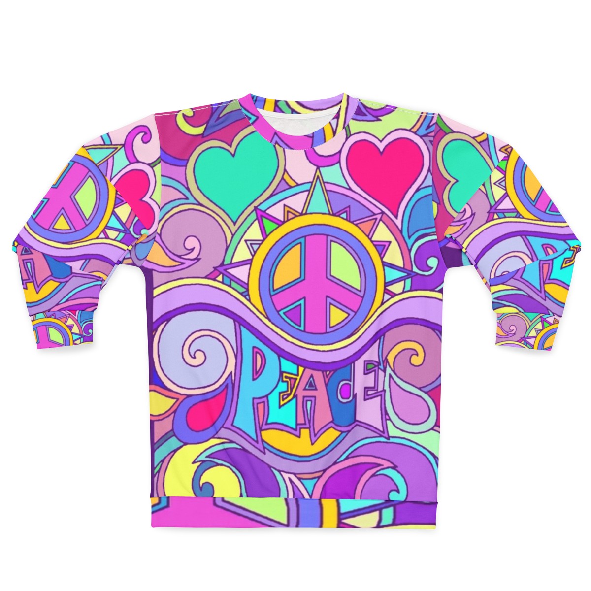 Retro psychedelic peace hippie sweatshirt with colorful abstract 60s/70s graphic