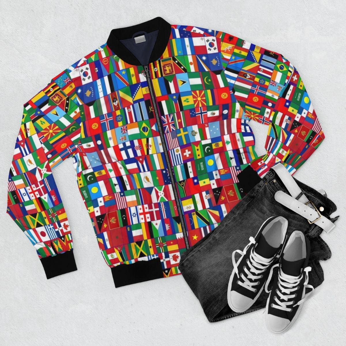 Colorful bomber jacket with flags of the world design - Flat lay