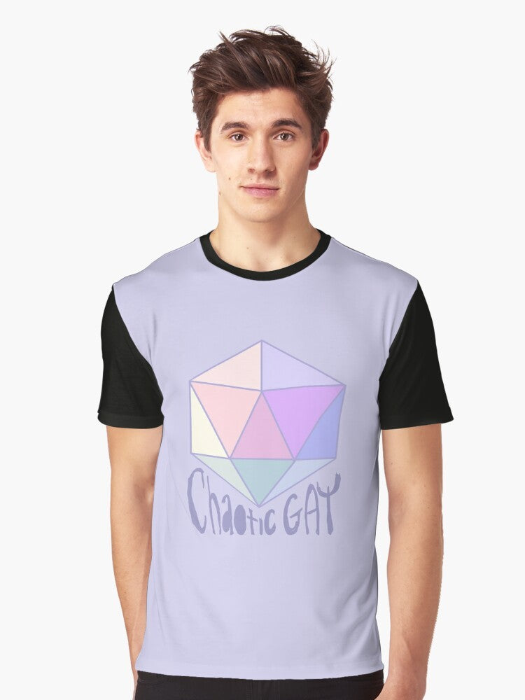 A pastel graphic t-shirt featuring a chaotic gay design for fantasy roleplaying game fans. - Men