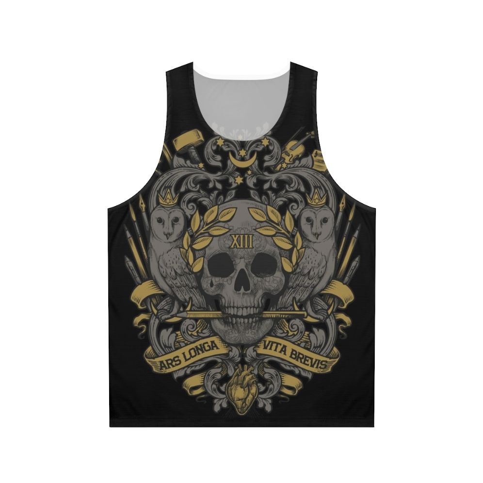 Ars Longa Vita Brevis unisex tank top with skull and heraldic design