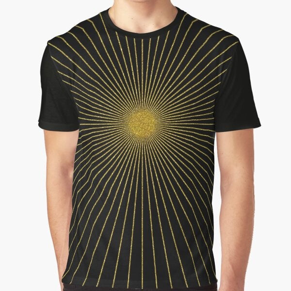 Black gold glitter geometric sun rays, glam, gold sparkle, geometric abstract diagonal art graphic t-shirt