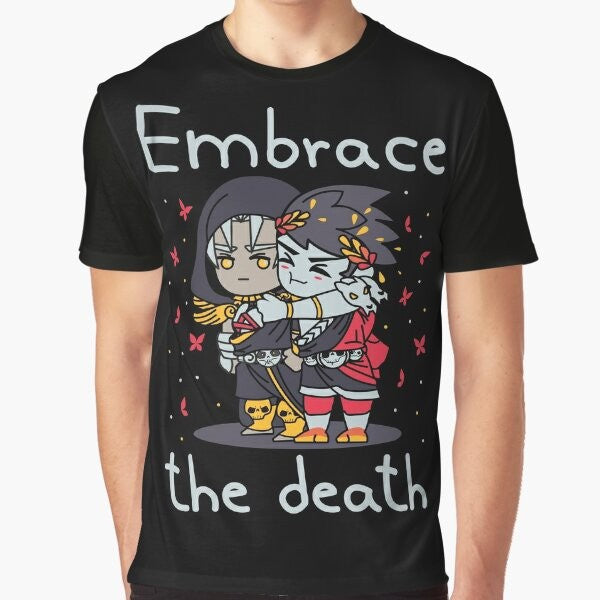 Cute chibi-style Hades video game t-shirt design featuring the character Thanatos and the phrase "Embrace the Death"