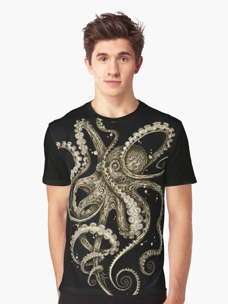 Psychedelic octopus graphic in sepia tones on a t-shirt - Men