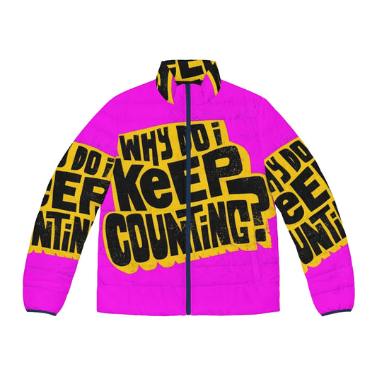 Motivational puffer jacket with inspirational 'Keep Counting' typography