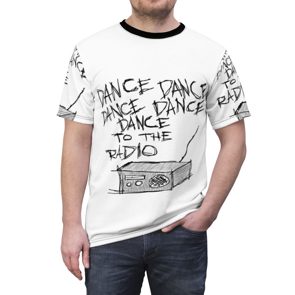 Dance to the Radio tribute t-shirt featuring Joy Division and New Order inspired artwork - men front