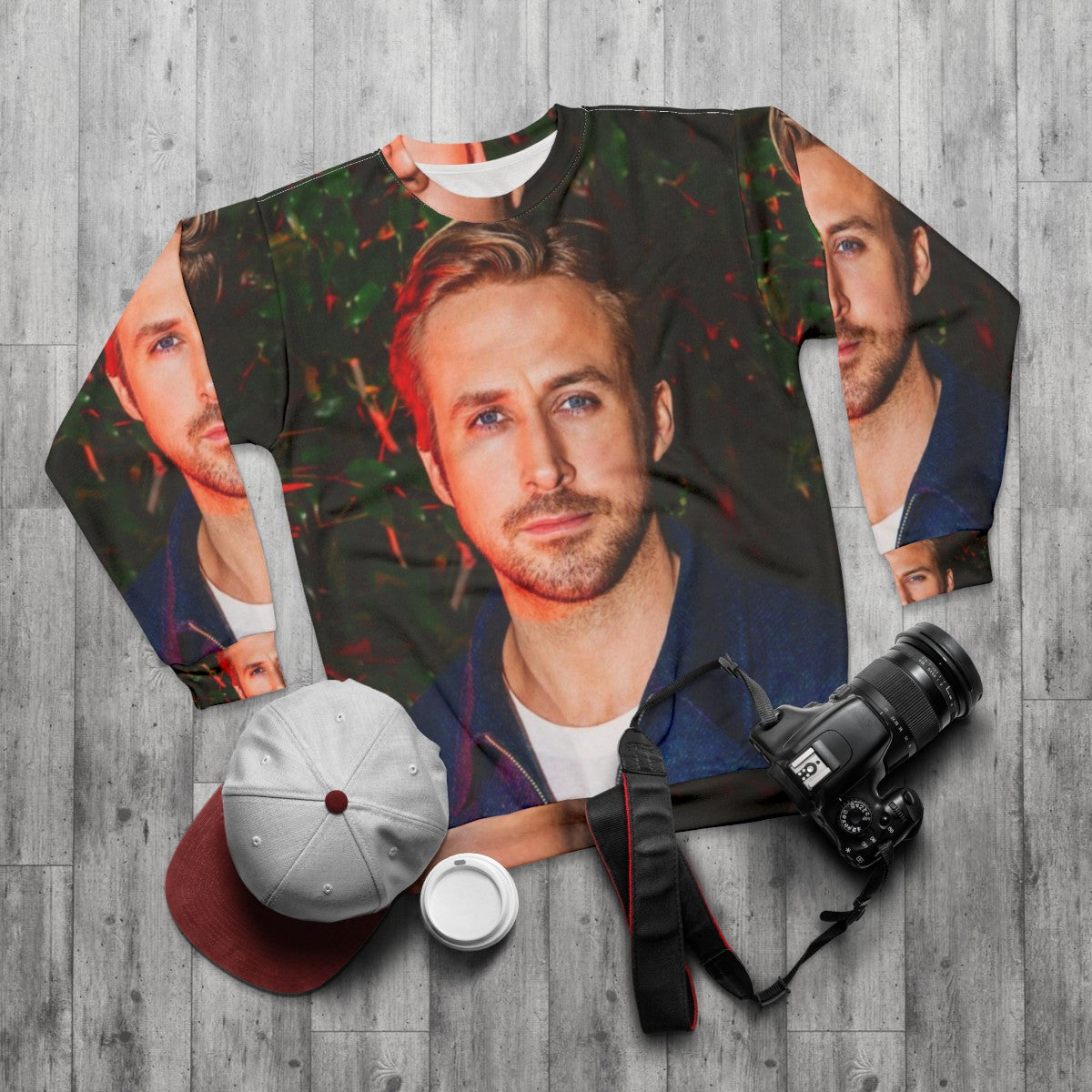 Ryan Gosling wearing a grey sweatshirt from the movie 'Drive' - flat lay