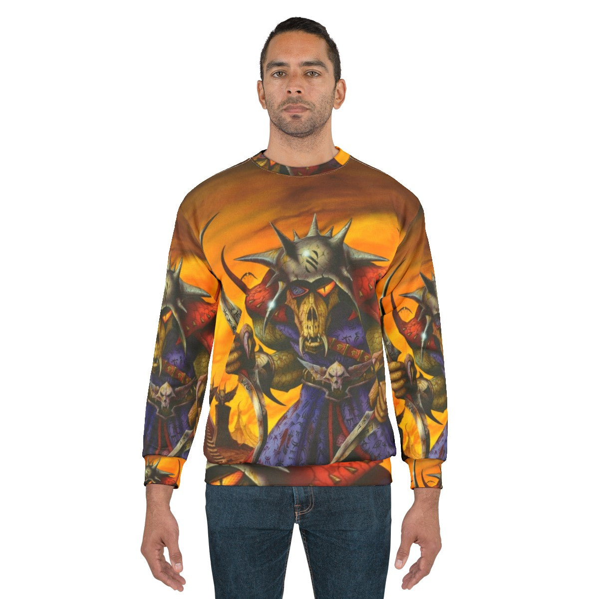 Heavy metal sweatshirt featuring a fiery, villainous fantasy design - men