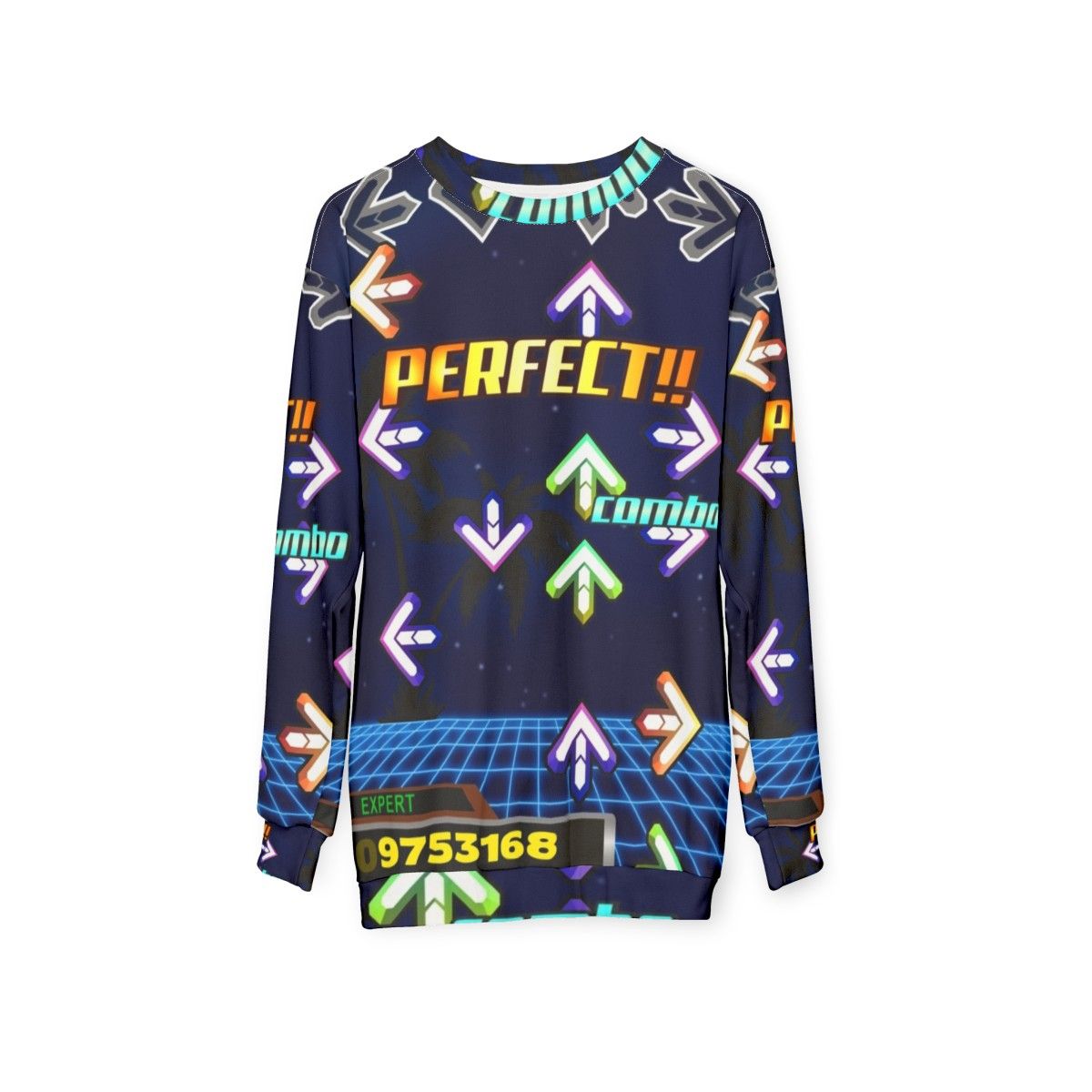 Dance Dance Revolution Sweatshirt with Neon Colors and Retro Gaming Vibes - hanging