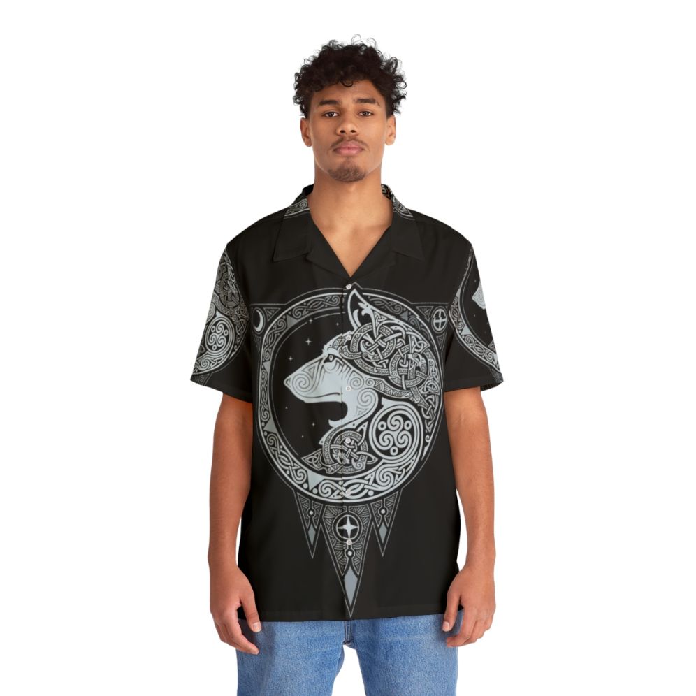 Norse Ulv Silver Hawaiian Shirt with Mystical Wolf Graphic - People Front