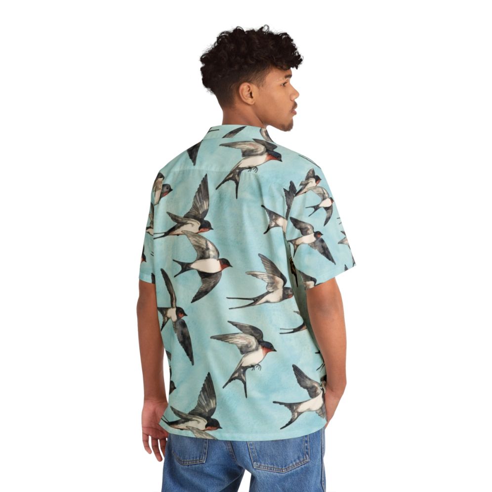 Watercolor Hawaiian shirt with blue sky and flying swallows - People Back