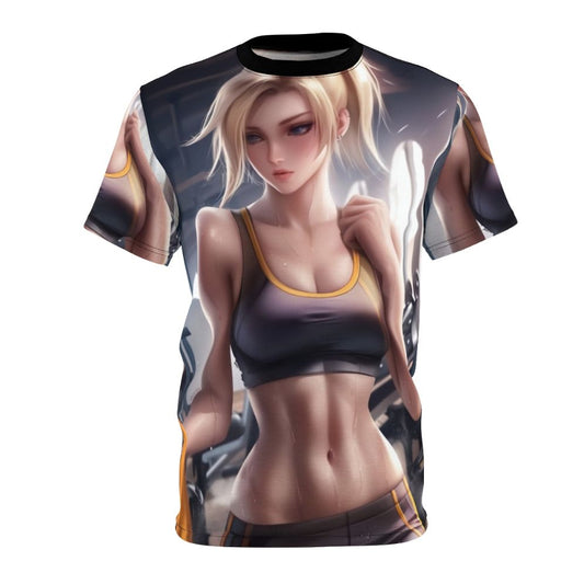 Stylish t-shirt featuring a female anime character in athletic gear for the gym or workout.