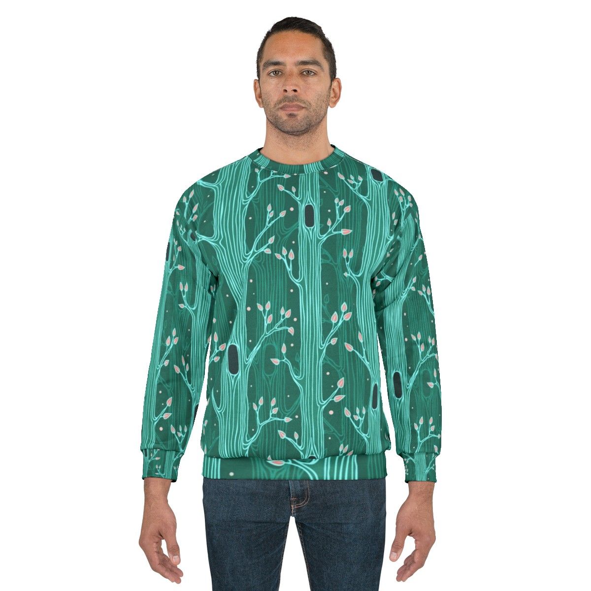 Emerald Forest Seamless Pattern Sweatshirt with Tree Silhouettes - men