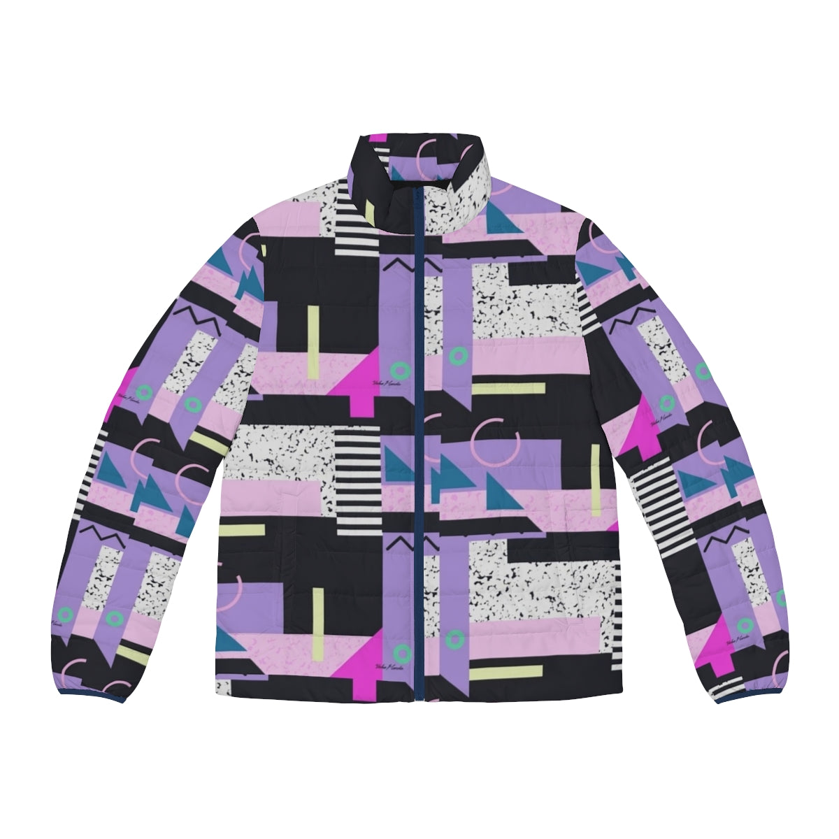 Aesthetic 90s vaporwave-inspired puffer jacket with repeating pattern design