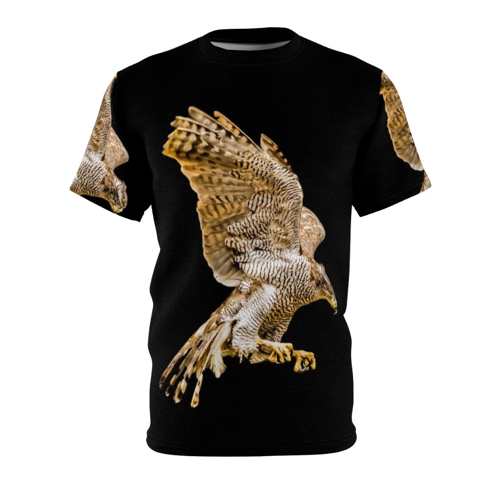 Vibrant illustration of a northern goshawk, a majestic bird of prey, on a high-quality t-shirt.