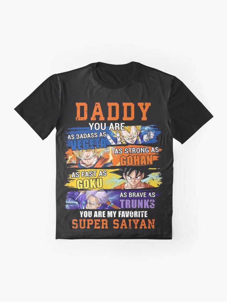 Funny graphic t-shirt with text "Daddy You Are As Badass As Vegeta As Fast As Goku" and Dragon Ball Z characters - Flat lay