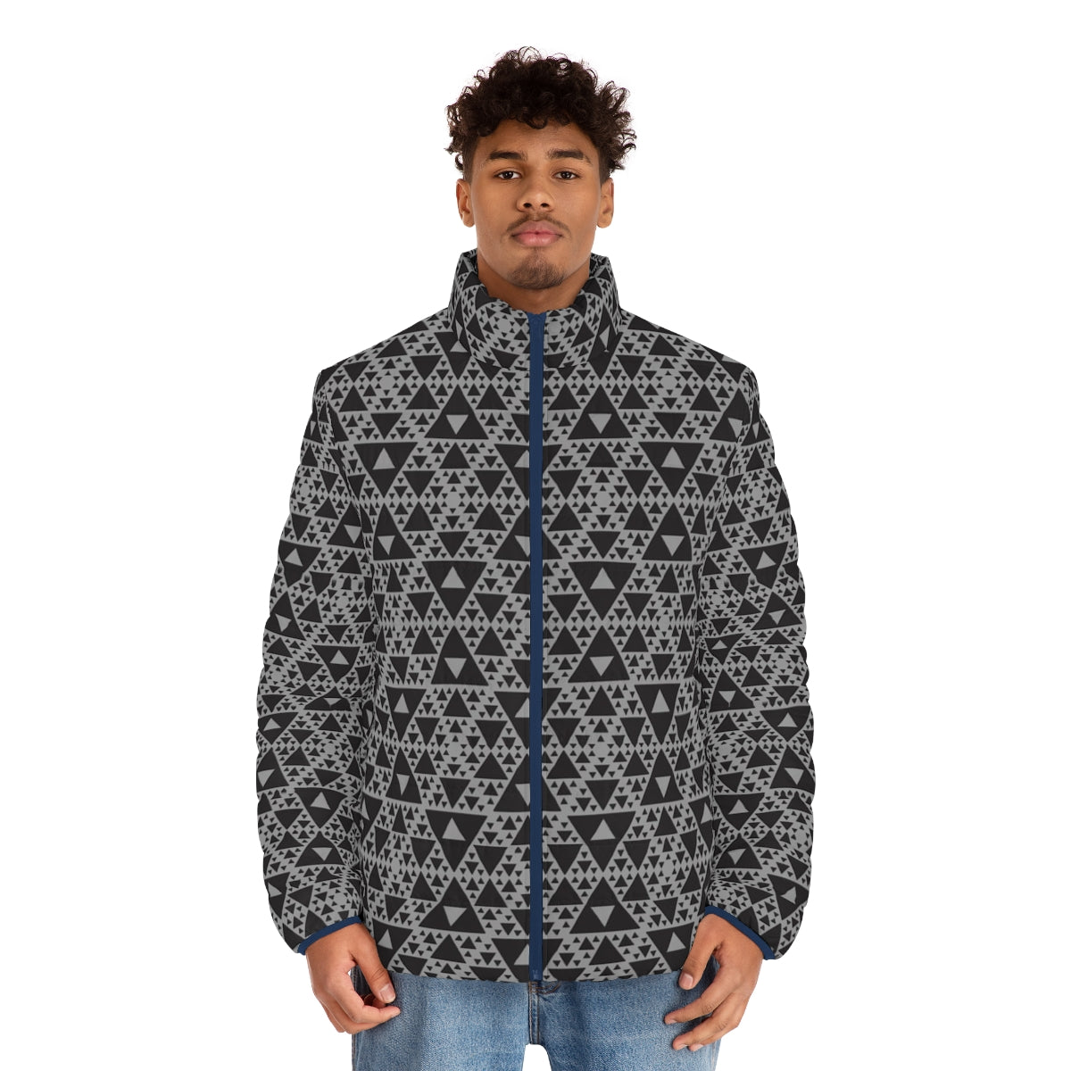 A dark puffer jacket featuring a repeating triangular mocap pattern inspired by Sierpinski's triangle - men front