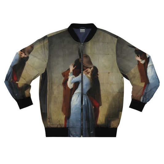 Bomber jacket featuring the famous painting "The Kiss" by Italian artist Francesco Hayez