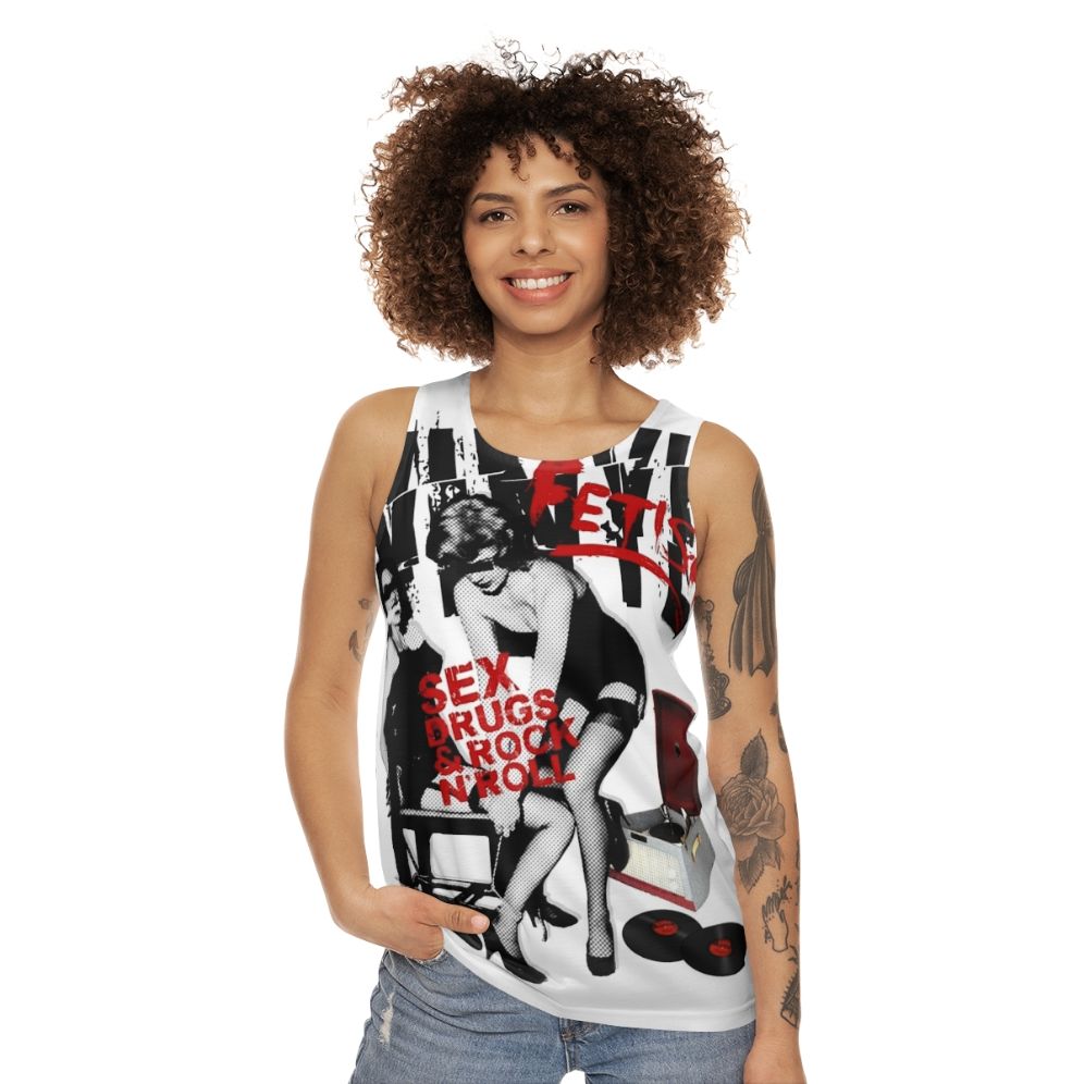 Retro unisex tank top with vinyl fetish graphic - women