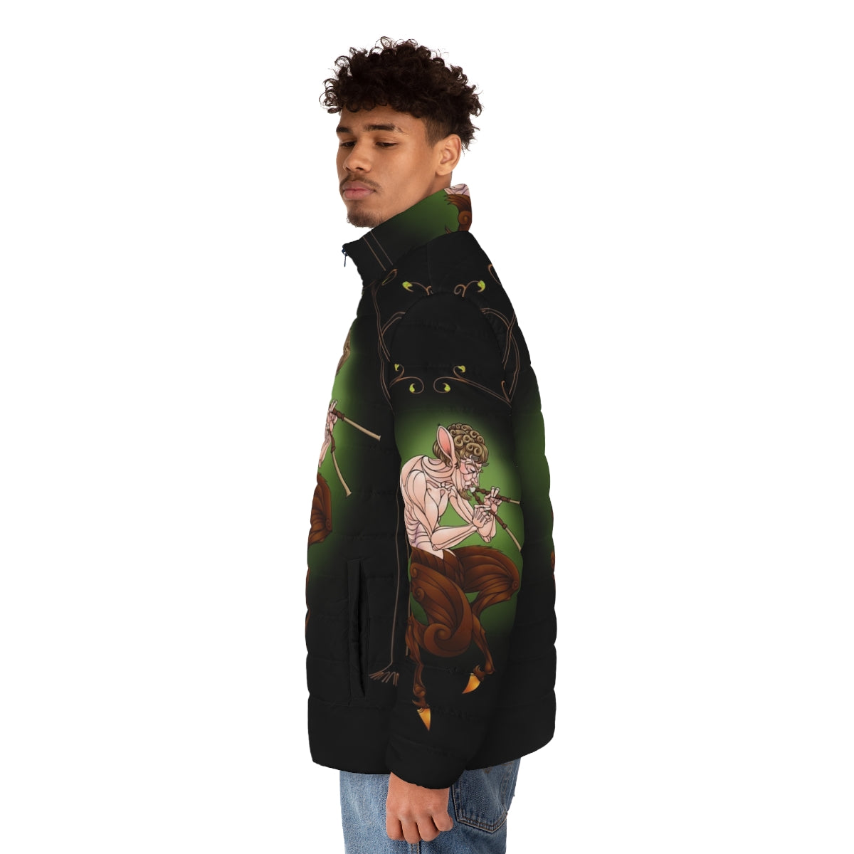 Faun-inspired puffer jacket with mythological design - men side left