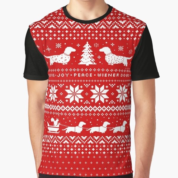 Dachshund wearing a Christmas sweater pattern graphic t-shirt