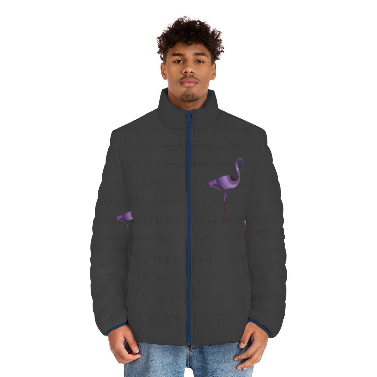 Flamingo puffer jacket with abstract animal artwork - men front