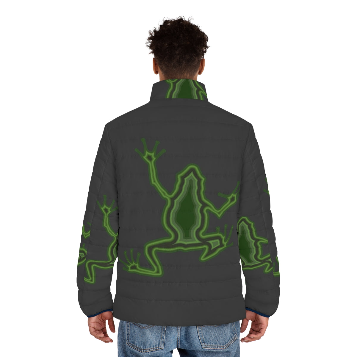 Frog puffer jacket featuring a colorful abstract design of a legendary animal - men back