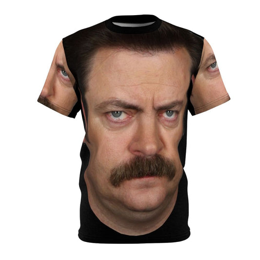 Graphic t-shirt design featuring a circle motif with references to the TV series Parks and Recreation and the character Ron Swanson.