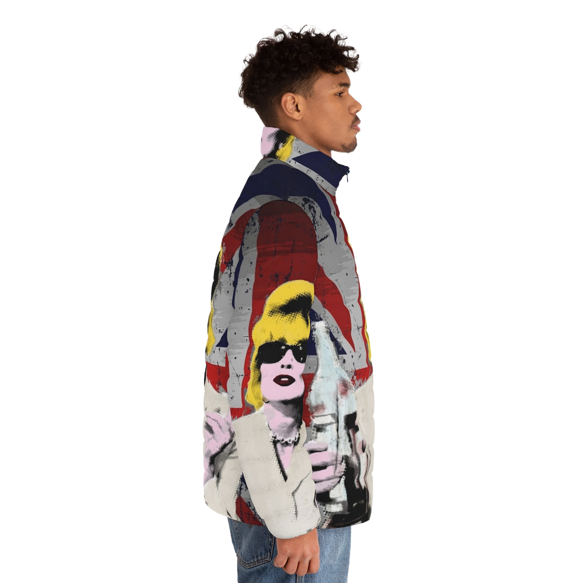 Fabulous pop art inspired puffer jacket in union jack style - men side right