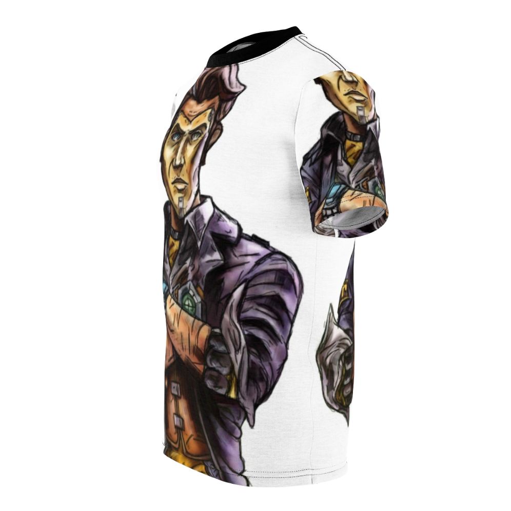 Borderlands inspired all-over-print t-shirt featuring the character Handsome Jack from the Borderlands video game series - men left