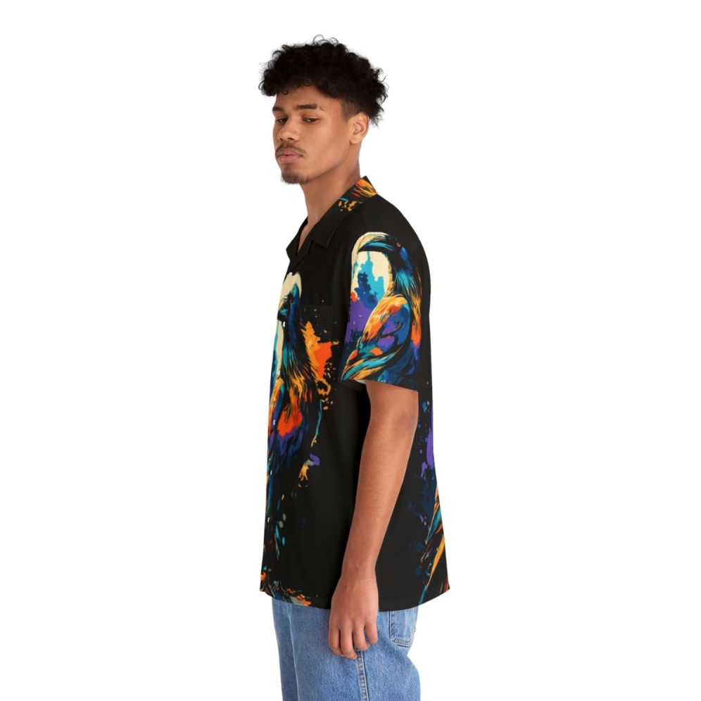 Colorful Hawaiian shirt featuring a design of crows and ravens against a dark background - People Left