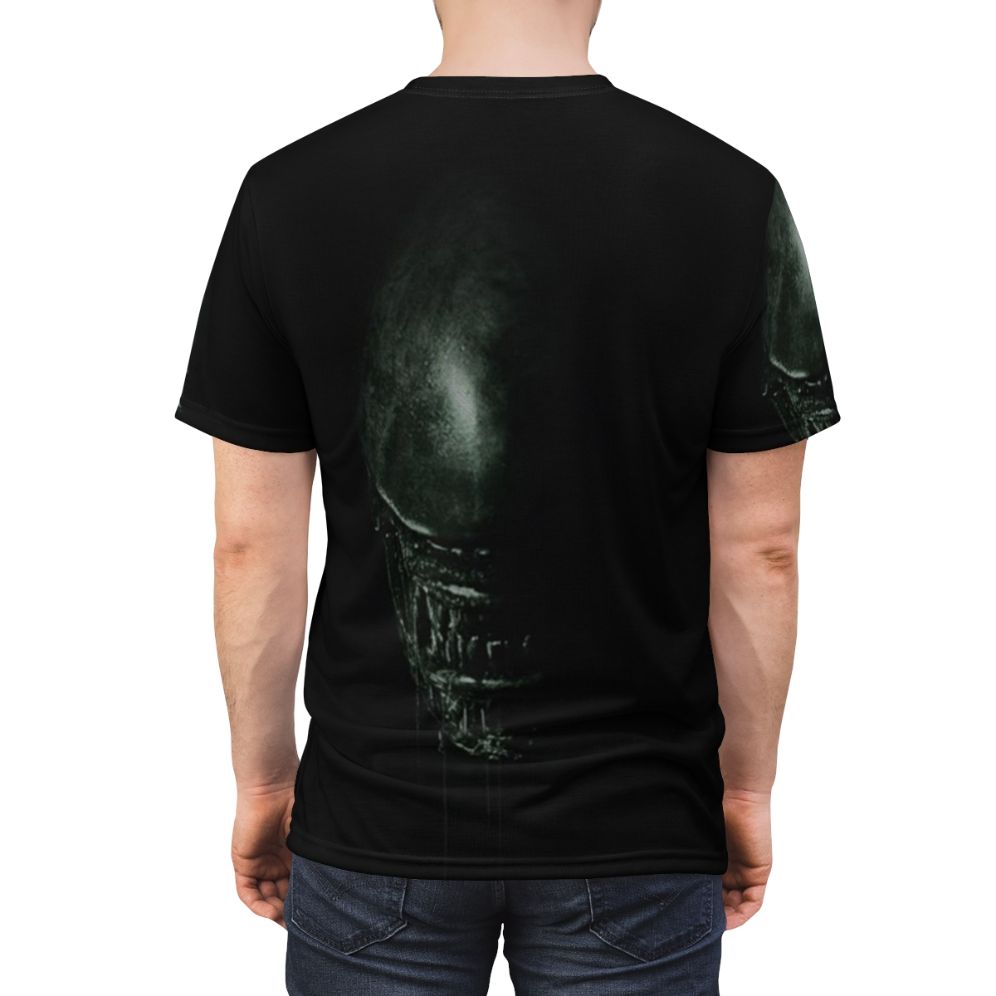 Minimalist t-shirt design featuring an alien inspired graphic - men back