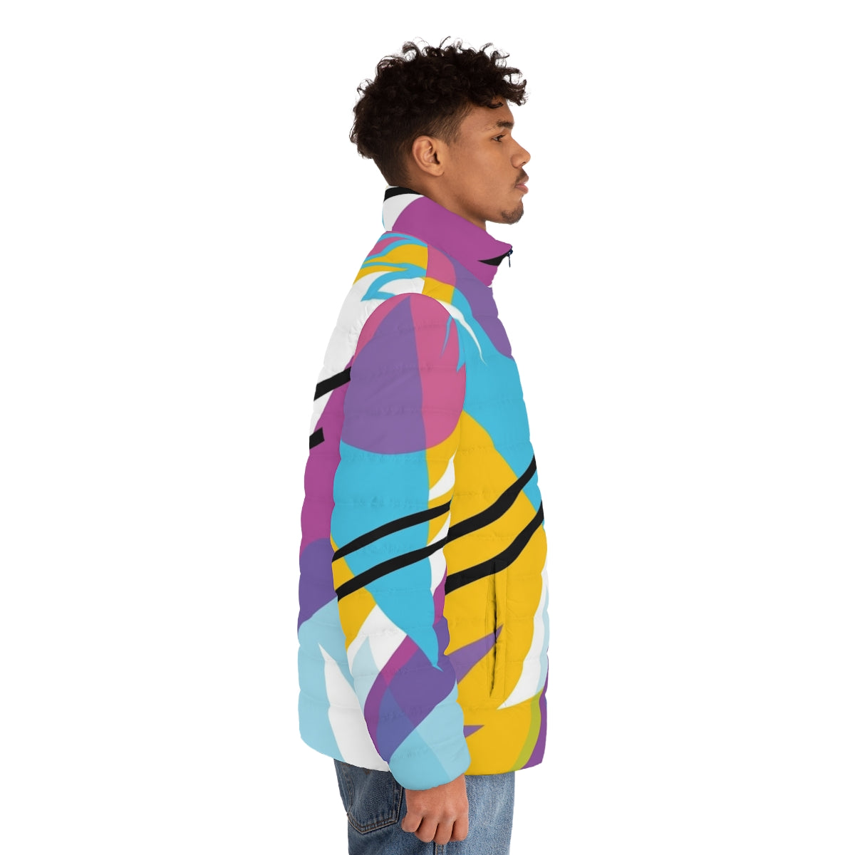 80s style retro fashion puffer jacket with neon pattern - men side right