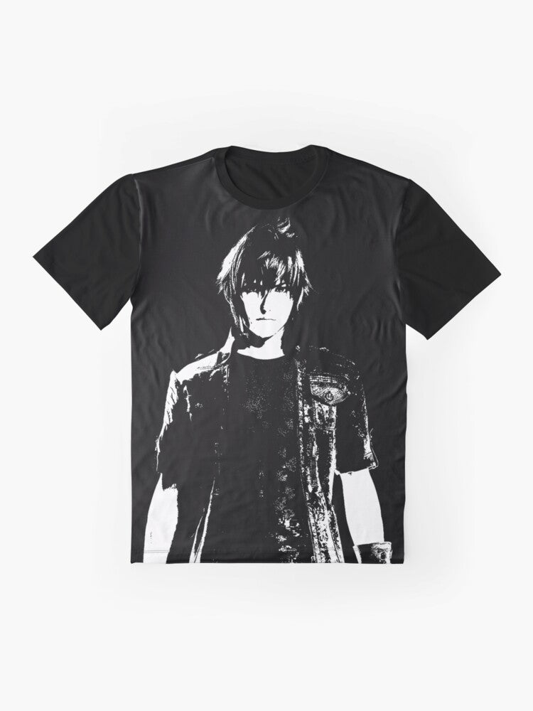 Weathered Noctis from Final Fantasy XV graphic design on a black t-shirt - Flat lay