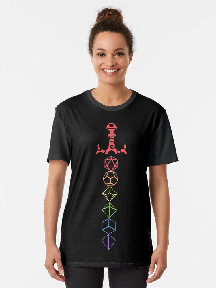 Tabletop RPG Dungeons & Dragons LGBT Pride Graphic T-Shirt featuring rainbow dice and sword - Women