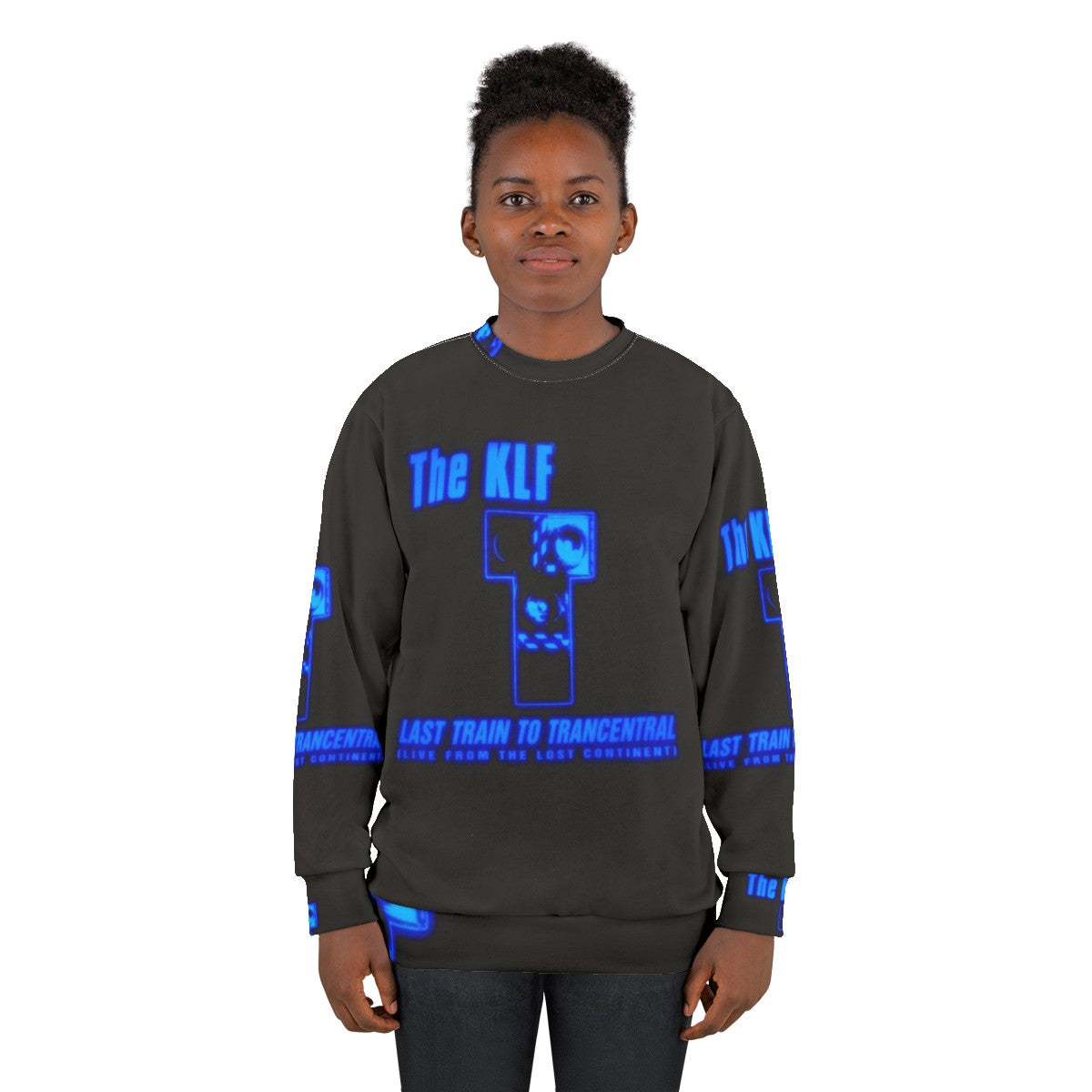 90s sweatshirt featuring The KLF "Last Train to Trancentral" design - women