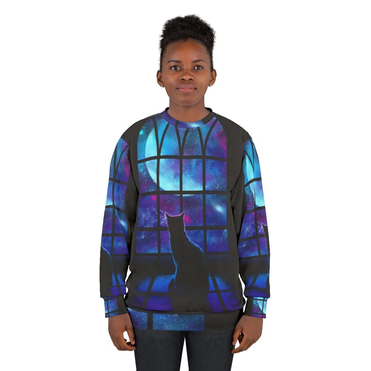 A stylish space-themed sweatshirt with a cute cat design - women