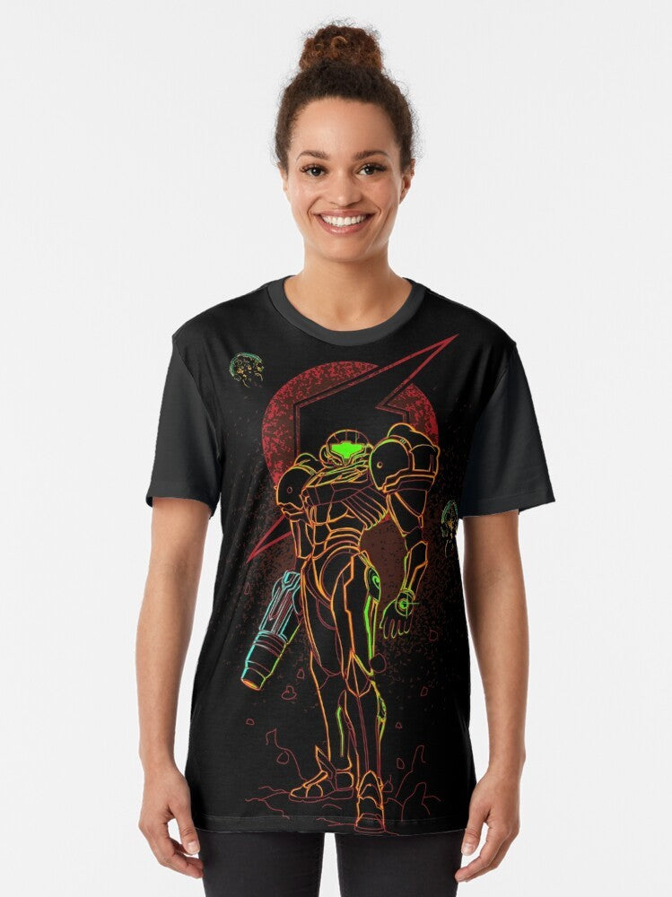 Bounty Hunter graphic t-shirt featuring a retro design inspired by video games and the Metroid universe - Women