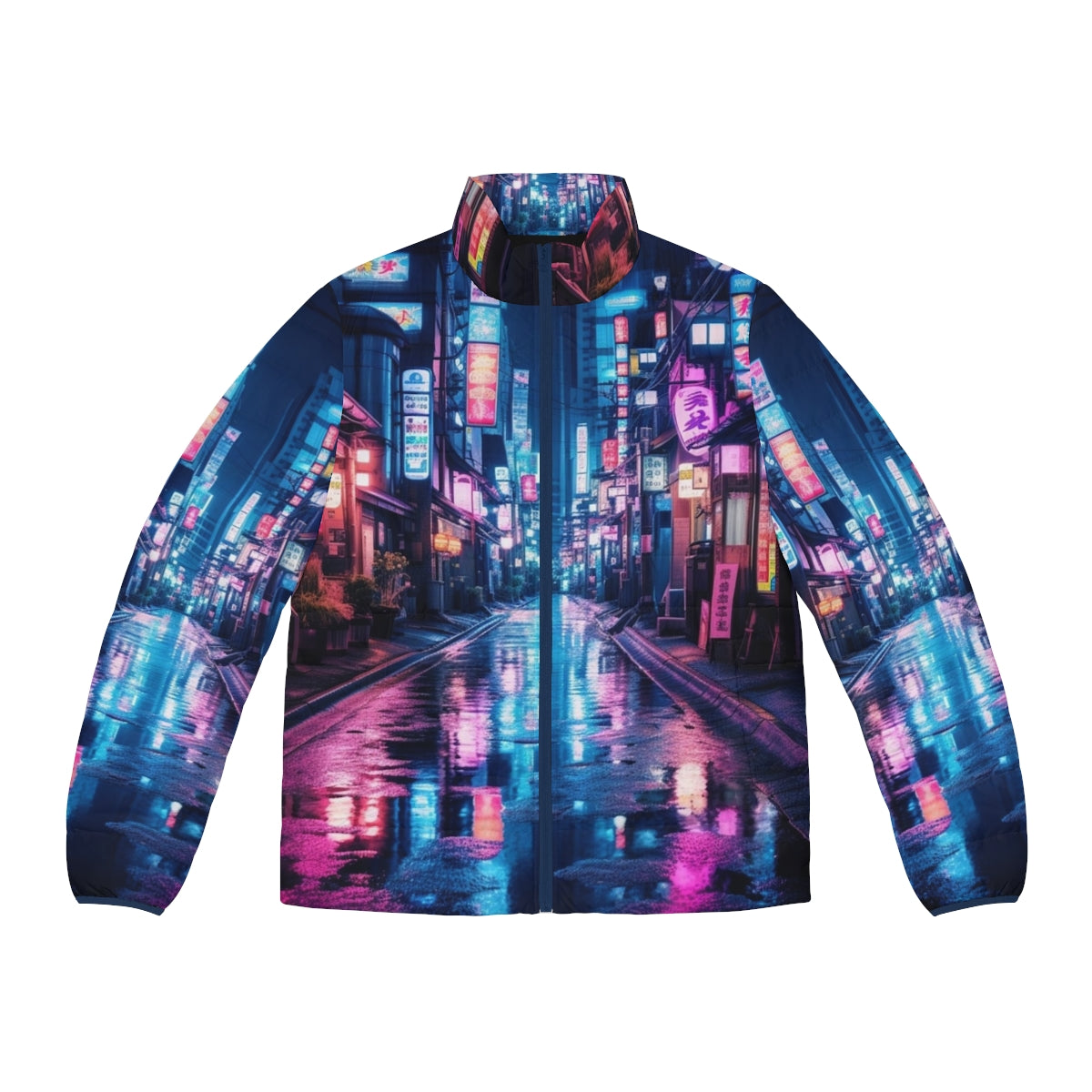 Tokyo neon puffer jacket featuring a cyberpunk-inspired design with bright lights and urban cityscape