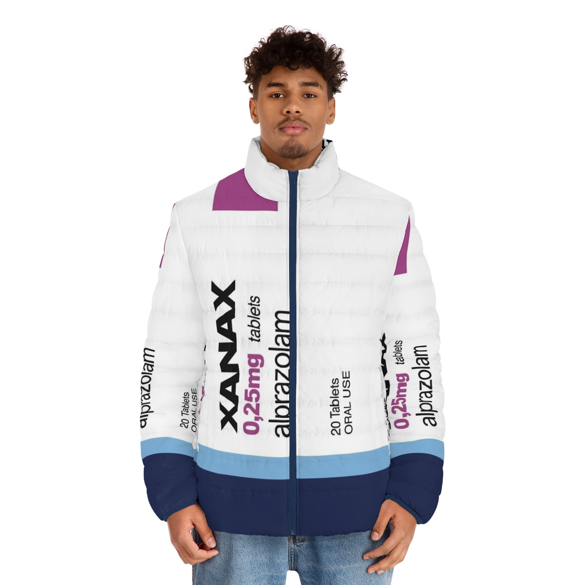 Xanax-inspired puffer jacket for fashion and meme enthusiasts - men front