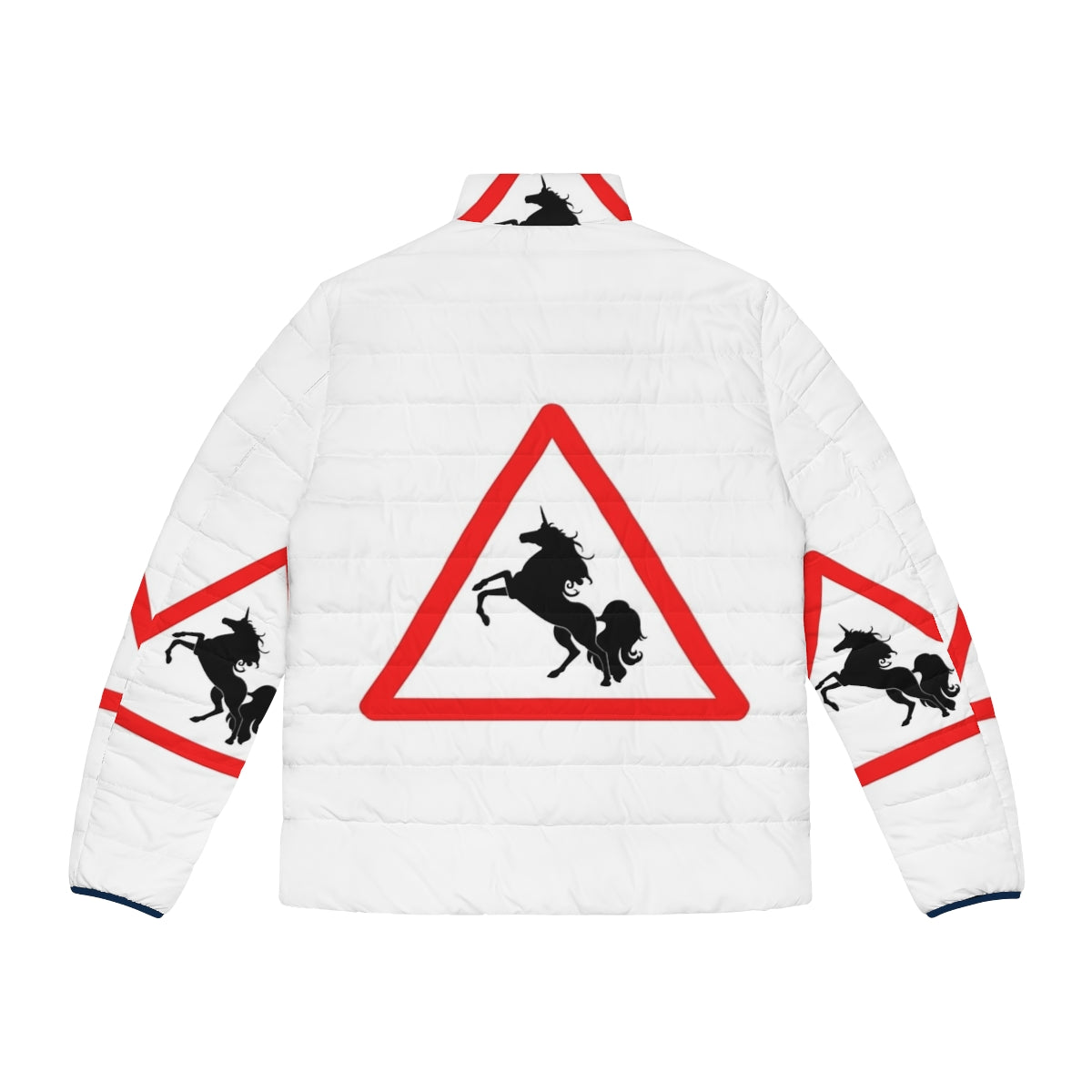 Person wearing a puffer jacket featuring colorful legendary animals like unicorns and dragons - Back