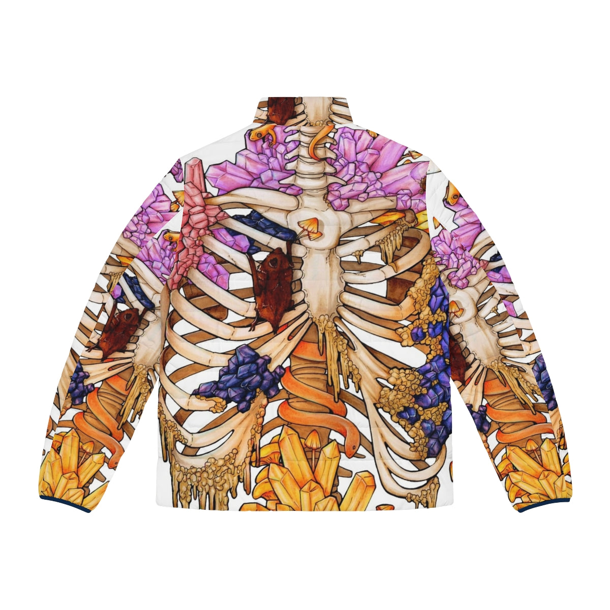 Hidden Gem Puffer Jacket featuring a skeleton design with colorful gems and crystals - Back