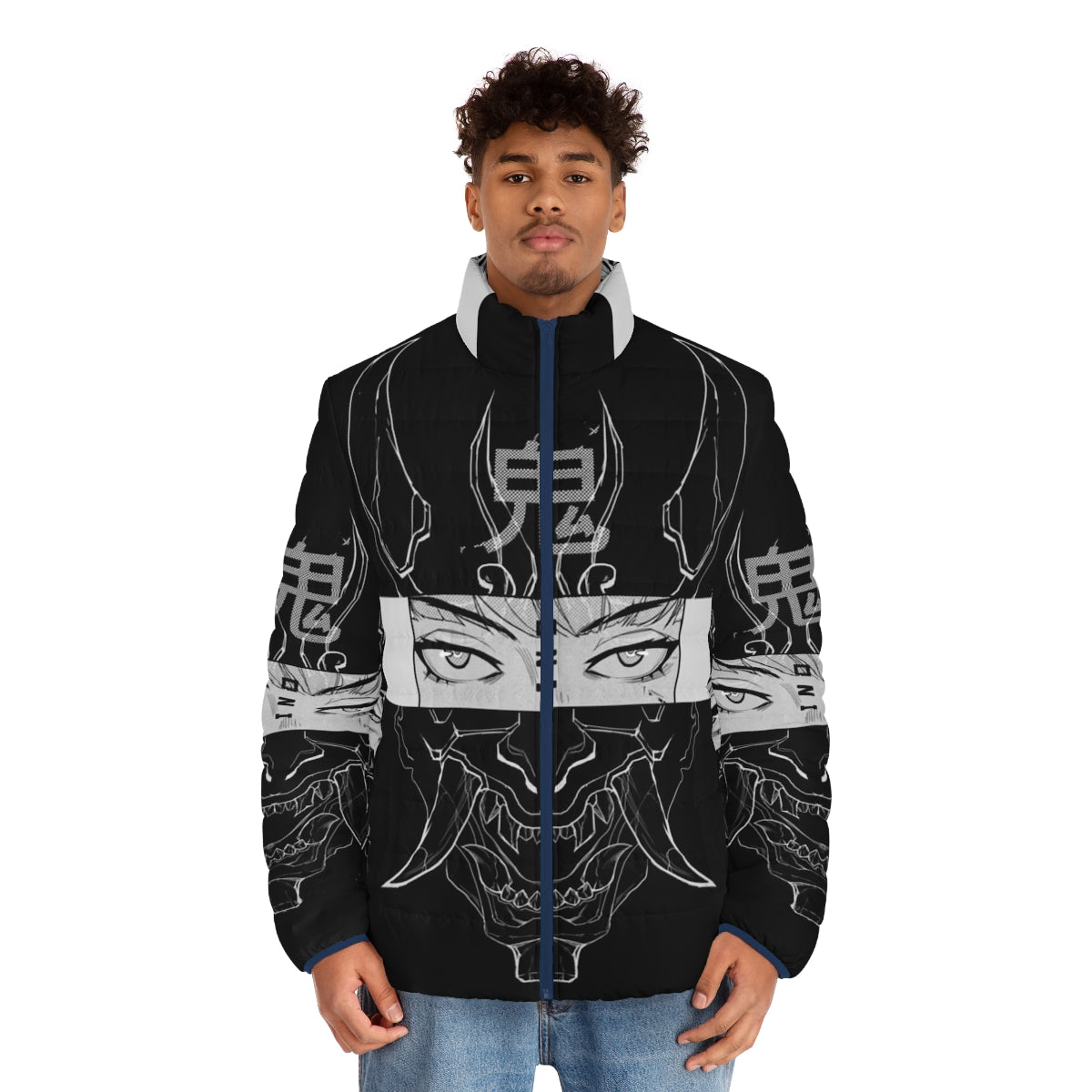 Oni Puffer Jacket 2 featuring Japanese folklore-inspired design and futuristic elements - men front