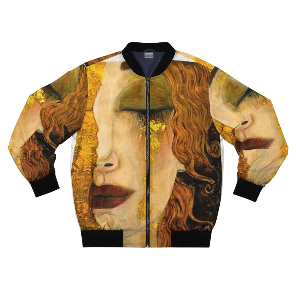 Golden Tears Klimt-Inspired Bomber Jacket featuring art nouveau floral design and metallic gold accents