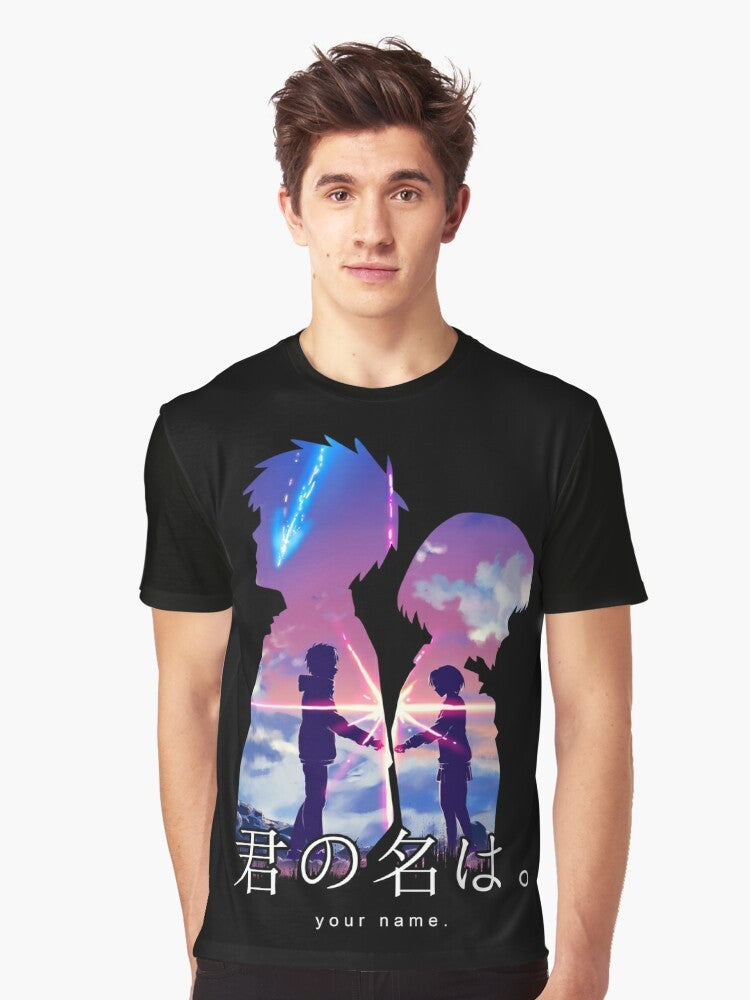 "Your Name" anime-inspired graphic t-shirt with Japanese characters and icons - Men