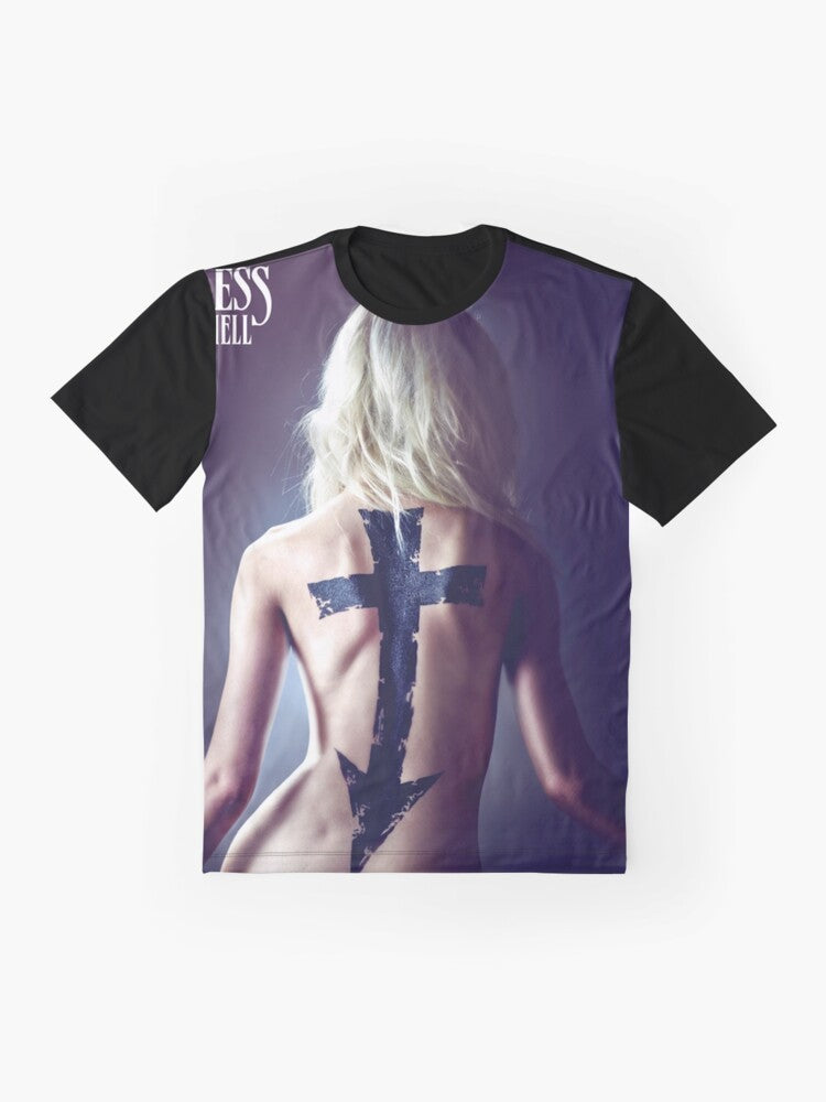 "Going to Hell" graphic t-shirt design featuring The Pretty Reckless logo and album artwork - Flat lay