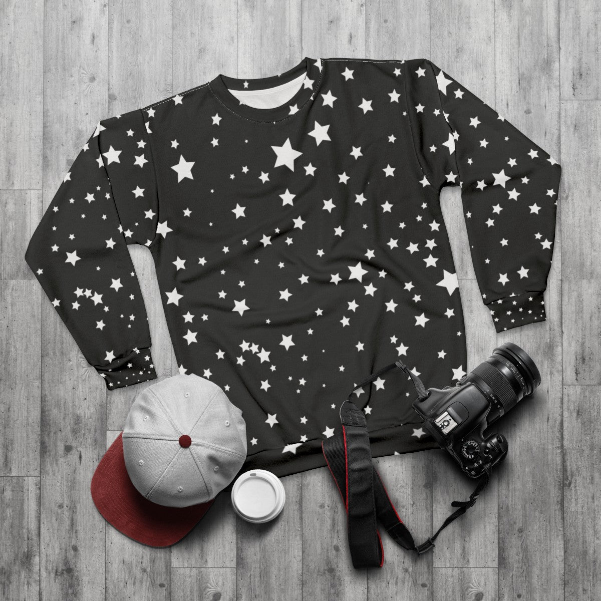 Cosmic stars sweatshirt featuring a galaxy-inspired starry design - flat lay