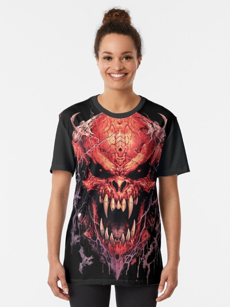 Horned demon skull design on a classic retro gaming style t-shirt for doom marine fans. - Women