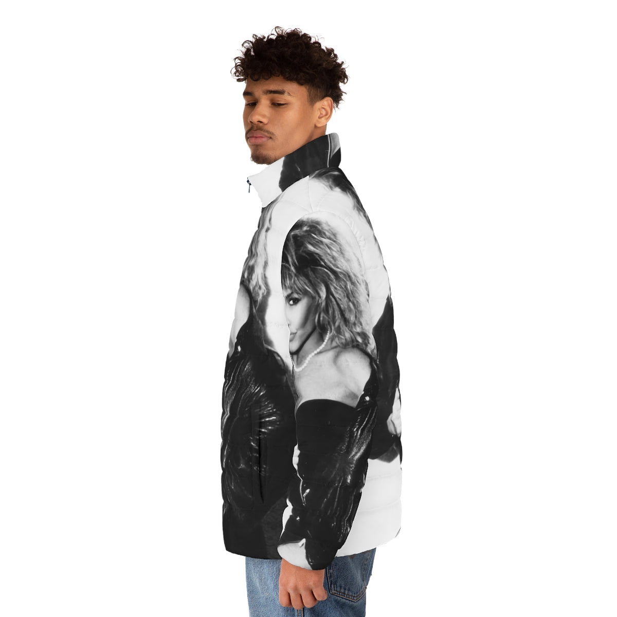 Vintage-inspired 80s style puffer jacket with a bold, black and white graphic design - men side left