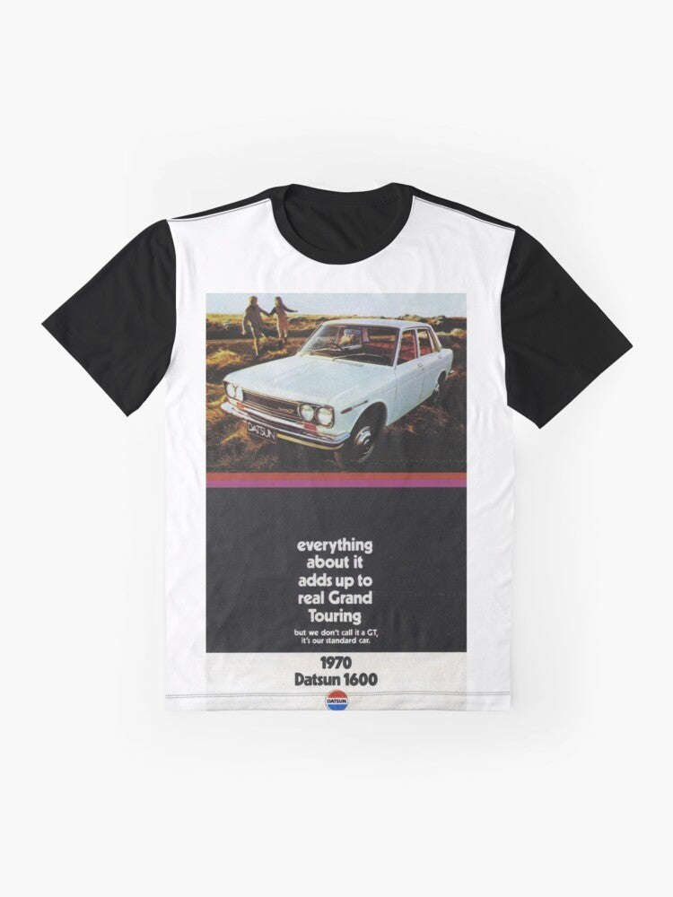 Vintage Datsun 1600 graphic t-shirt with retro car design - Flat lay