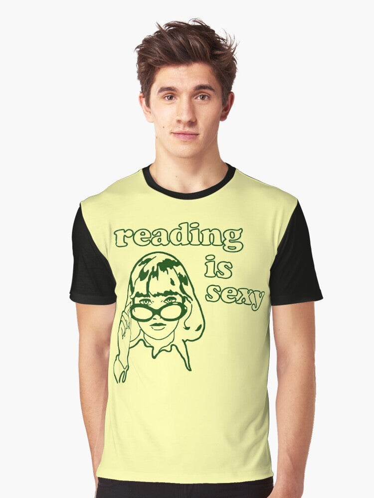 A graphic t-shirt featuring the text "Reading is Sexy" and an illustration of Rory Gilmore, a character from the TV show Gilmore Girls, known for her love of reading. - Men